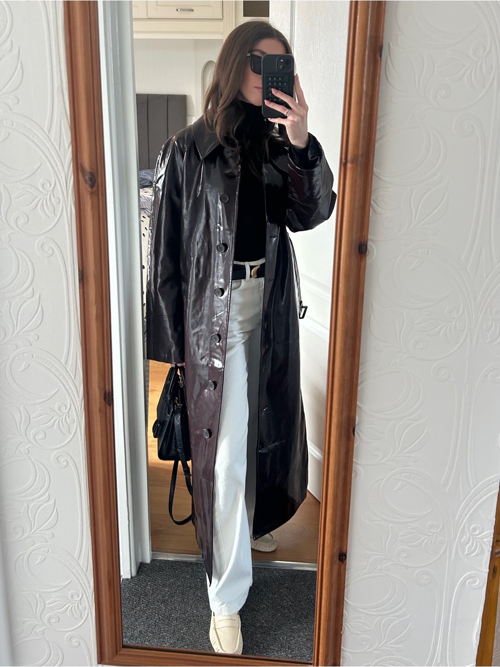 Topshop Longline Oversized High Shine Faux Leather Trench Coat in Burgandy